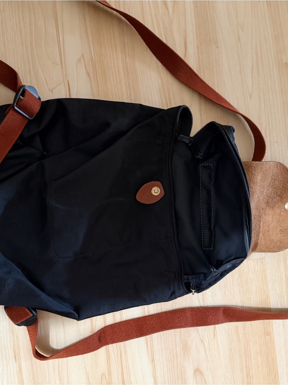 Longchamp Black Nylon Messenger Bag with Brown Strap